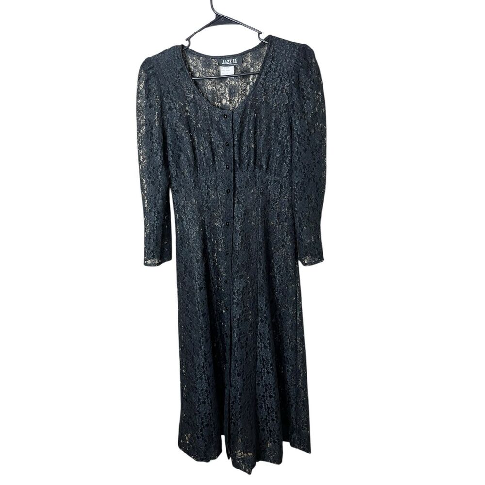 Vintage Jazz II Black Lace‎ Long Sleeve Maxi Dress Sheer Size 8